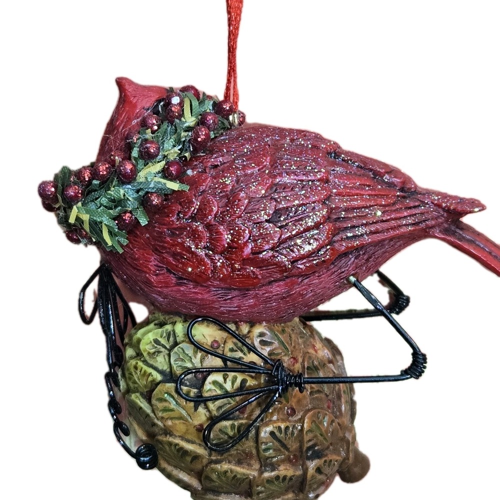 Christmas Cardinal Hanging Ornament ‎ Pinecone Wreath Ribbon Bird Holiday Decor